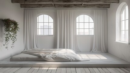 Minimalist bedroom with low bed and large, empty wall space