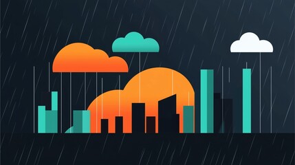 Obraz premium Flat design illustration of city skyline under rain with weather data charts and clouds.