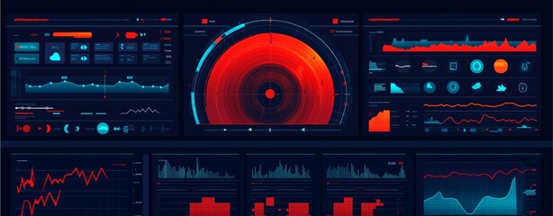 Flat design illustration of storm tracker interface with weather radar and icons for precipitation and wind.