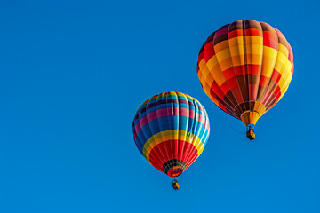 Fototapeta premium Winning stock photo of two colorful hot air balloons flying in the clear blue sky.