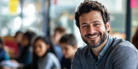 Fototapeta premium Inspiring Elementary School Teacher: Smiling Male Educator in Classroom with Engaged Students. Portrait of Confident Professional Fostering Happy Learning Environment. Back-to-School Season, Joyful Ca