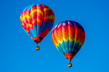 Obraz premium Winning stock photo of two colorful hot air balloons flying in a clear blue sky.