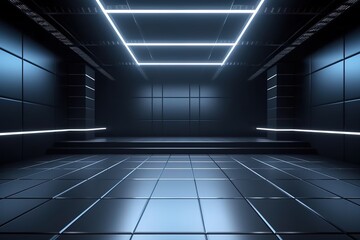 Minimalist black tiled room with glowing white lights.