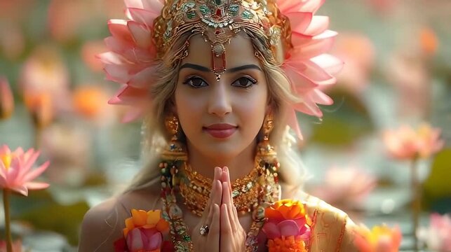 Beautiful Indian girl in traditional dress, like goddess Lakshmi.