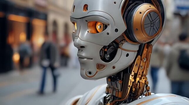 White futuristic humanoid robot with artificial intelligence.
