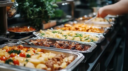 Catering buffet food indoor in restaurant with grilled meat