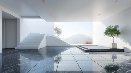 Obraz premium Minimalist entrance hall with geometric flooring and clean wall space