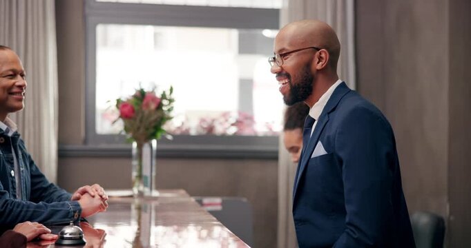 Hotel, workers and guest at reception for check in, hospitality or accommodation with tourism. Vacation, people or employees with luxury, industry or friendly service with concierge, smile or holiday