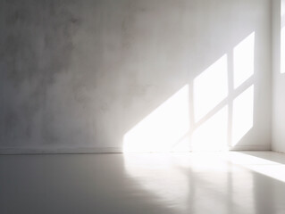 Obraz premium Natural shadows, cozy empty area, Empty interior minimal style with empty space for products presentation or text for advertising, A plain white wall with soft.