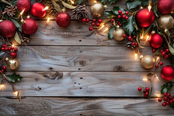 Rustic Christmas Decor with Red and Gold Ornaments and Holiday Lights on a Wooden Background for a Cozy Festive Season