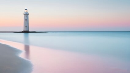 lighthouse on the beach stunning minimalist art piece seascape with a lighthouse. composition a light blue ocean that gently transitions into the sandy beach.