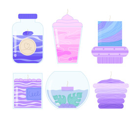 Set of candles. Home decor elements. Aromatherapy, comfort and coziness indoors. Paraffin and wax light sources. Blue and pink candlelights. Flat vector collection