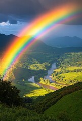 Obraz premium A vibrant rainbow arching over a lush green valley with a river winding through it, creating a picturesque and serene scene