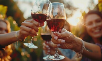 Friends toasting red wine glass and having fun cheering at winetasting experience. Young people enjoying harvest time together outside at farm house vineyard, Generative AI 