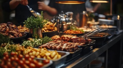 Obraz premium Group of people on catering buffet food indoor in restaurant with grilled meat