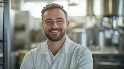 Obraz premium Happy Male Scientist Smiling in Laboratory While Wearing White Coat During Daytime