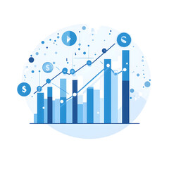 A clean, minimalist illustration featuring various blue-toned charts and graphs, including bar charts, pie charts, and line graphs, representing business data analysis, financial management, and marke