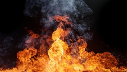 Burning flames, fire burning, flames rising high, dramatic movement, orange and red, black smoke, backgrounds, screen saver, special effects, hot heat.