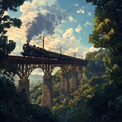 Fototapeta premium anime landscape with bridge and train