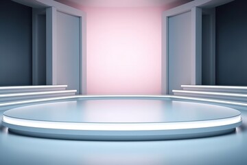 Minimalist circular stage with glowing edge in a soft blue and pink room.