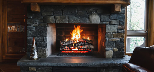 Cozy Fireplace Glowing Warmly in a Rustic Living Room During Winter Evening