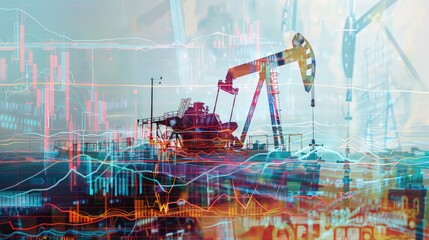 Double Exposure of Oil Price Chart and Pumping Rig Highlighting Geopolitical Instability's Impact on Market Volatility and Oil Production