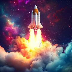 A space rocket launching into a vibrant, colorful galaxy, with flames and smoke billowing beneath, symbolizing innovation and exploration. The scene appears to be a surreal, generative digital artwork