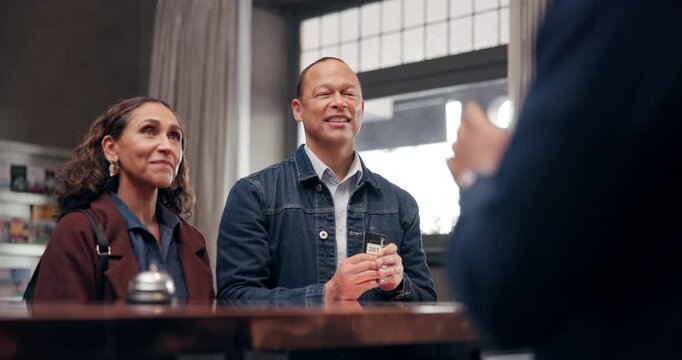 Hotel, employees or clients at reception for check in, hospitality or accommodation with access card. Vacation, guest or workers with luxury, honeymoon or friendly service with concierge and tourism