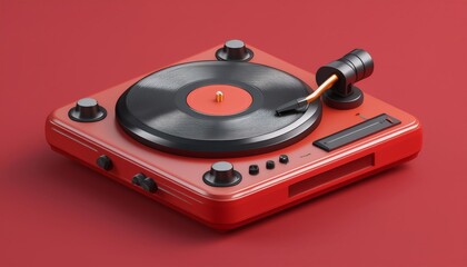 Fototapeta premium A red turntable with a black vinyl record and a golden needle