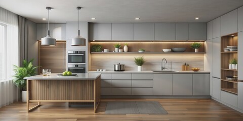 Minimalist kitchen with sleek appliances and organized layout for a calming and efficient cooking experience, minimalist