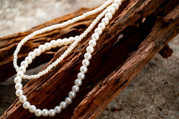 Fototapeta premium Pearl necklace on driftwood. Stylish still life image. 