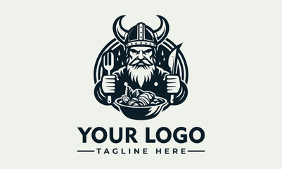 Viking chef logo vector with a horned helmet stirring a pot with a wooden spoon, perfect for food or historicalthemed designs.