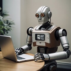 robot in front of laptop, holding smart phone