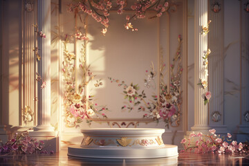 Elegant Product Display Podium with Floral Patterns and Classical Architecture