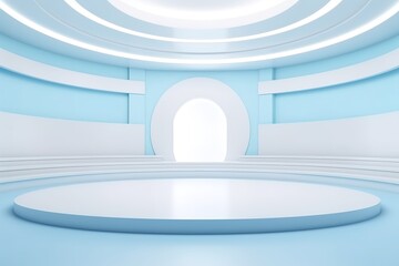 Obraz premium Minimalist light blue and white circular room with a podium in the center.