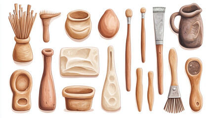 Handmade pottery tools for sculpting.Vector illustrations