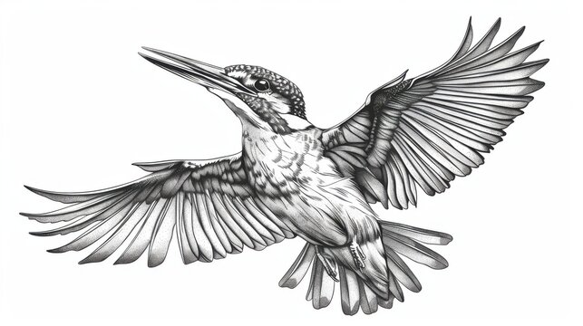recommend clip art: Black and white Vintage engraved art of a kingfisher in flight, isolated on white background, ink sketch illustration, simple vector art design, highly detailed line art, high contrasty 