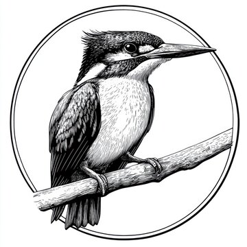 recommend clip art: Black and white Vintage engraved art of a kingfisher in a circular stamp logo style, isolated on white background, ink sketch illustration, simple vector art design, highly detailed line art