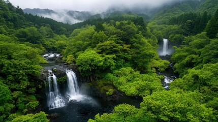 Fototapeta premium Wanderlust, majestic waterfall, lush forest Background