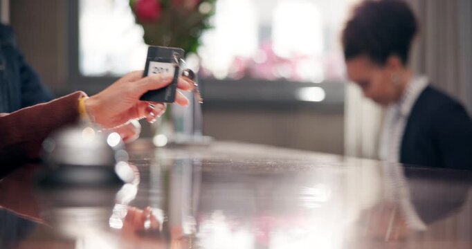 Hands, keys and reservation in hotel, table and hospitality for people in vacation and reception of business. California, holiday and closeup of guest, booking and desk for accommodation in resort
