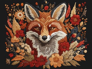 Captivating showcasing a beautifully embroidered fox design in rich autumnal colors featuring a charming woodland theme with delicate floral and leaf motifs