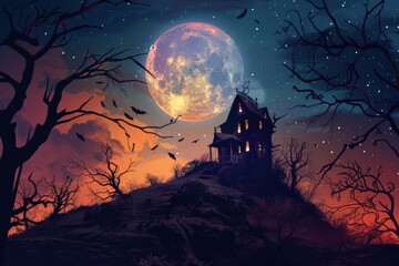 Fototapeta premium An old, spooky house on top of a hill with a full moon