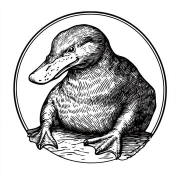 recommend clip art: Black and white Vintage engraved art of a platypus in a circular stamp logo style, isolated on white background, ink sketch illustration, simple vector art design, highly detailed line art