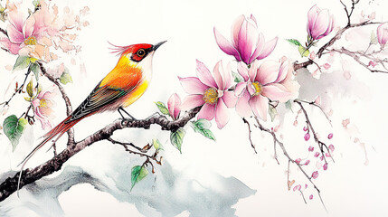 Chinese painting, kingfisher, branches, flowers