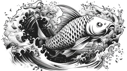 Black and White Illustration of a Carp Fish Leaping Through a Wave
