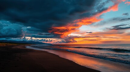Fototapeta premium Wanderlust, serene beach, sunset Background