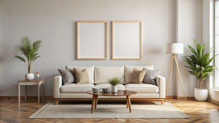 Fototapeta premium Simple and elegant living room wall art mockup featuring a blank canvas for home decor, stylish, double, vertical