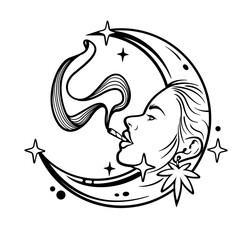 Weed Moon Girl | Smoking Weed | Half-moon Girl | Weed Life | Cannabis Girl | Smoking Joint | Kush Leaf | Girl Smoking | Original Illustration | Vector and Clipart | Cutfile and Stencil