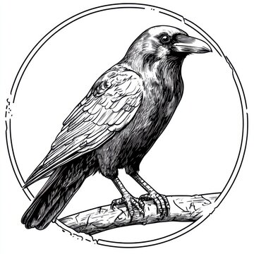 recommend clip art: Black and white Vintage engraved art of a raven in a circular stamp logo style, isolated on white background, ink sketch illustration, simple vector art design, highly detailed line art