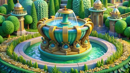 Elegant decorative fountain in a lush city park garden